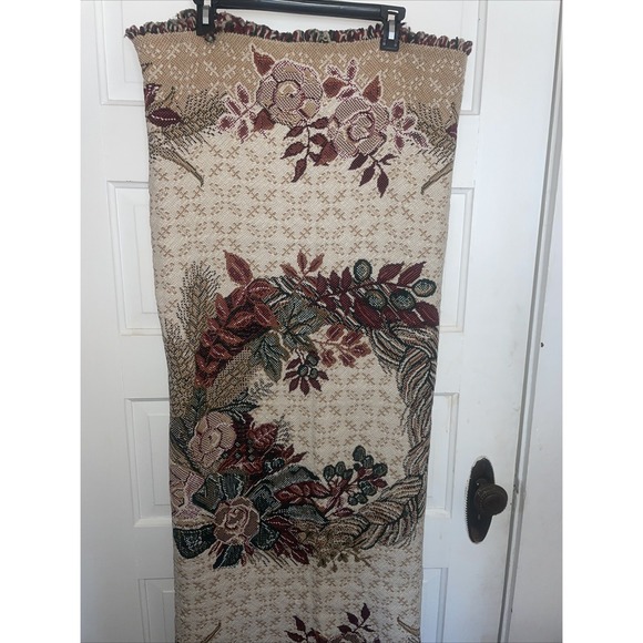 Tight Weave Jaquard Knit Throw Jewel Tones Maroon Forest Green Taupe Cream Flowe - Picture 1 of 11